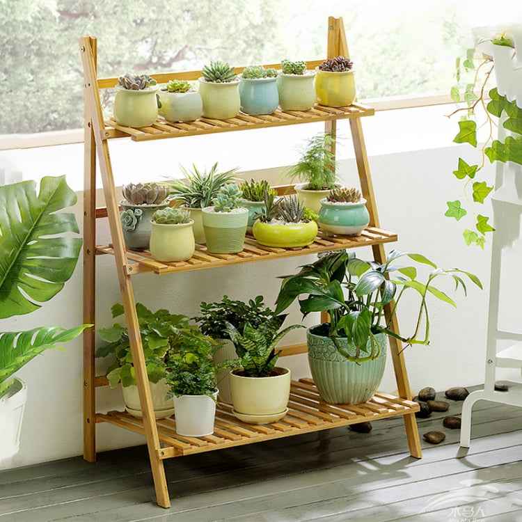 Bamboo 3-Tier Hanging Plant Stand Planter Shelves Flower Pot Storage Rack Folding Display Shelving Plants Shelf, Width: 70cm