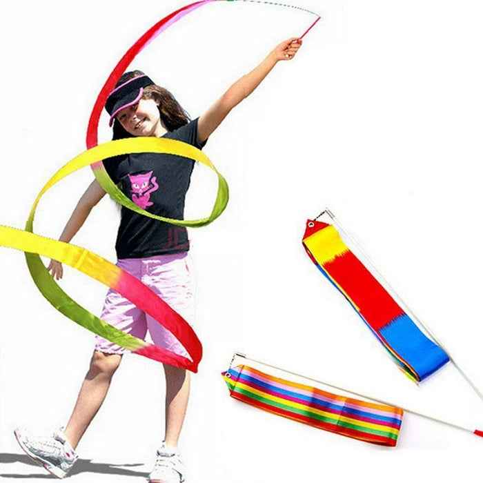 5 PCS 4m Colorful Children Toy Dancing Practices Dance Ribbons with Sticks, Random Pattern Delivery, Dance Ribbons
