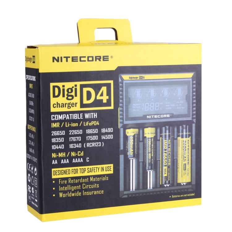 Nitecore D4 Intelligent Digi Smart Charger with LCD Display for 14500, 16340 (RCR123), 18650, 22650, 26650, Ni-MH and Ni-Cd (AA, AAA) Battery