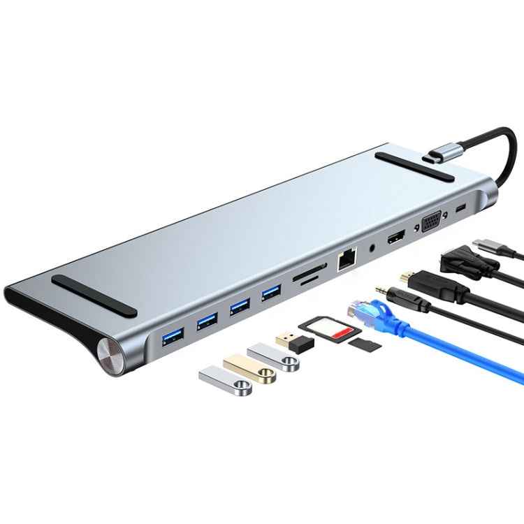 AD-059 11 in 1 USB-C / Type-C to 4K HDMI + VGA + SD / TF Card Slot + Gigabit Ethernet + 3.5mm AUX + USB-C / Type-C + 4 USB 3.0 Multifunctional Docking Station HUB