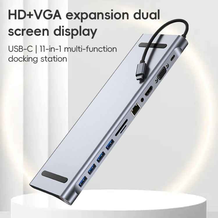 AD-059 11 in 1 USB-C / Type-C to 4K HDMI + VGA + SD / TF Card Slot + Gigabit Ethernet + 3.5mm AUX + USB-C / Type-C + 4 USB 3.0 Multifunctional Docking Station HUB
