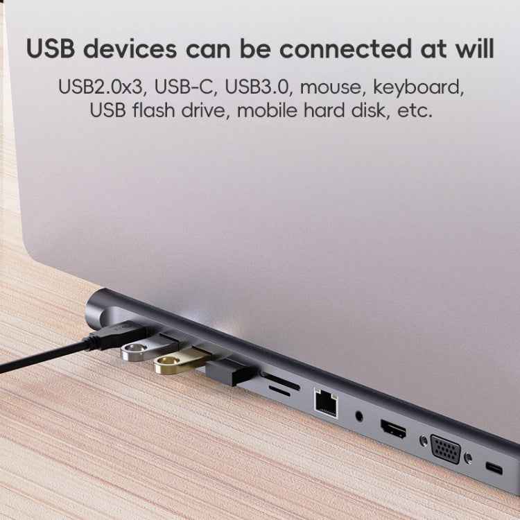 AD-059 11 in 1 USB-C / Type-C to 4K HDMI + VGA + SD / TF Card Slot + Gigabit Ethernet + 3.5mm AUX + USB-C / Type-C + 4 USB 3.0 Multifunctional Docking Station HUB