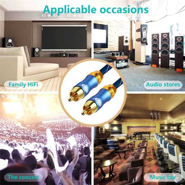 EMK 8mm RCA Male to 6mm RCA Male Gold-plated Plug Grid Nylon Braided Audio Coaxial Cable for Speaker Amplifier Mixer, Length: 2m