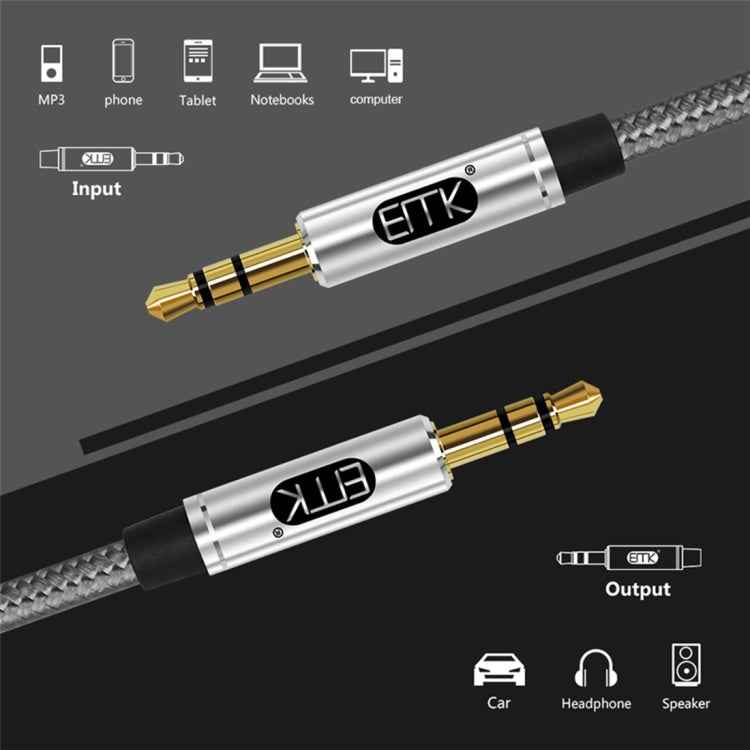 EMK 3.5mm Male to Male Gold-plated Plug Cotton Braided Audio Cable for Speaker / Notebooks / Headphone, Length: 1m