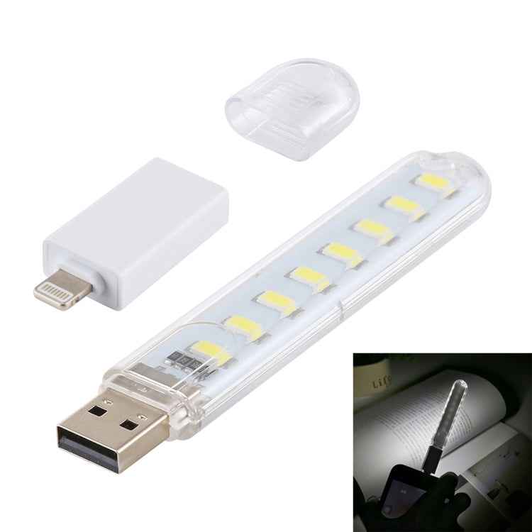 8LEDs 5V 200LM USB LED Book Light Portable Night Light, with 8 Pin Adapter