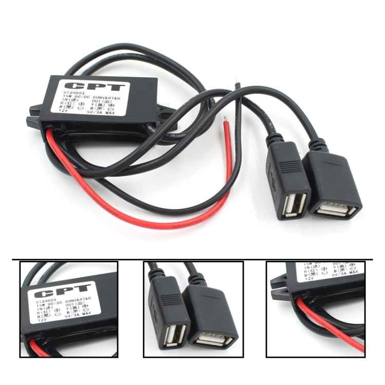 Car Motorcycle Dual USB Car Charger DC 12V To 5V 3A Power Adapter with for Car GPS Tracker DVR, Length: 1m
