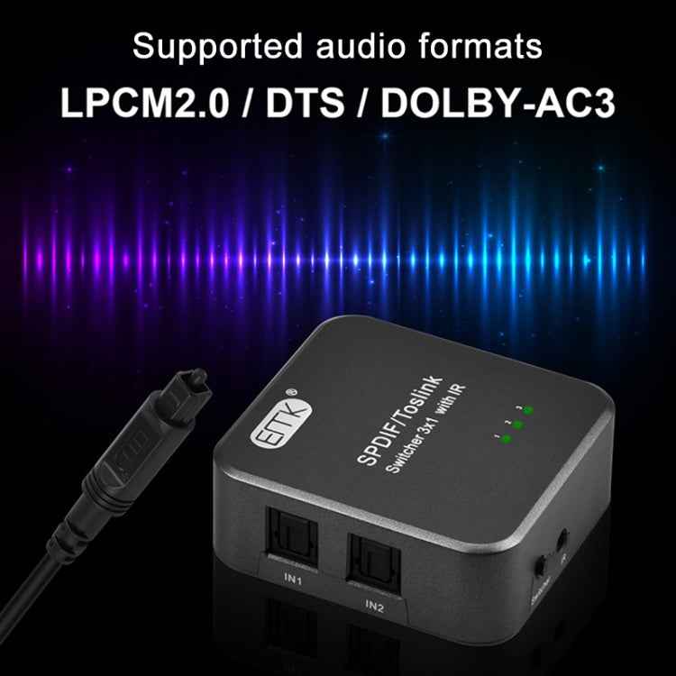 EMK SPDIF/TosLink Digital Optical Audio 3x1 Switcher with IR Controller