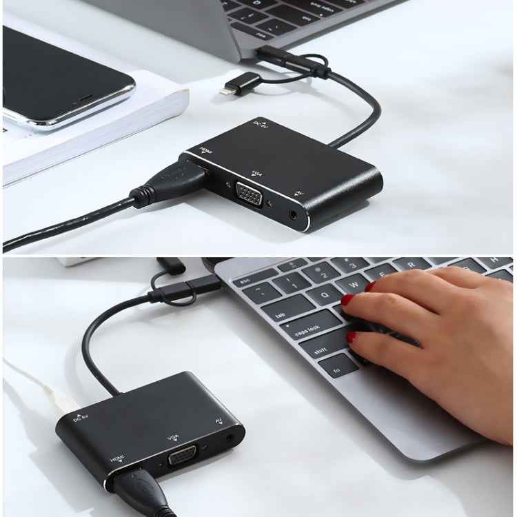 7585B 3 in 1 Micro USB / 8 Pin / Type-C to VGA / HDTV / AV Adapter Mobile HD Screen Player