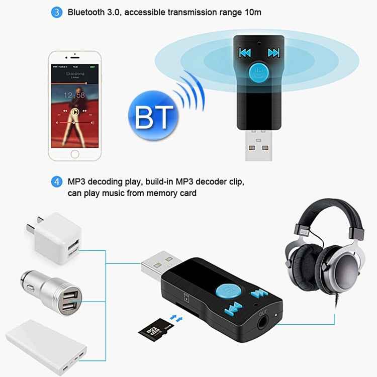 BC07 Mini Brushed Texture USB Bluetooth Receiver MP3 Player SD/TF Card Reader with Microphone & Audio Cable, Support Handsfree & AUX Output & 32GB Micro SD / TF Card & Two-sided USB Port Connecting