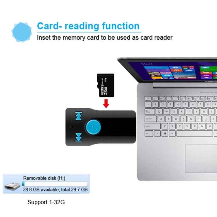 BC07 Mini Brushed Texture USB Bluetooth Receiver MP3 Player SD/TF Card Reader with Microphone & Audio Cable, Support Handsfree & AUX Output & 32GB Micro SD / TF Card & Two-sided USB Port Connecting