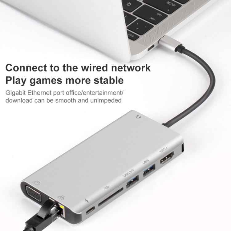 Onten 9591BD 8 in 1 USB-C / Type-C to PD USB-C / Type-C Charging + Gigabit Ethernet + Dual USB 3.0 + HDMI + VGA + SD Card Slot + 3.5mm AUX HUB