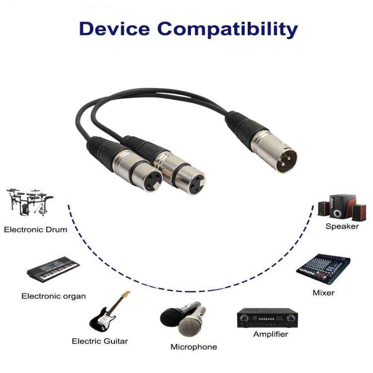30cm 3 Pin XLR CANNON 1 Male to 2 Female Audio Connector Adapter Cable for Microphone / Audio Equipment, 1 Male to 2 Female Silver
