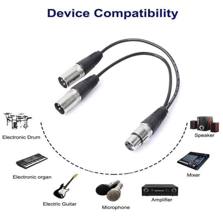 30cm 3 Pin XLR CANNON 1 Female to 2 Male Audio Connector Adapter Cable for Microphone / Audio Equipment, 1 Female to 2 Male Silver
