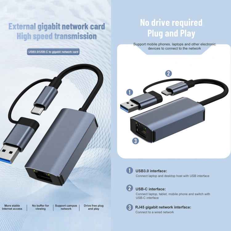 BYL-2207TU 2 in 1 USB + Type-C to RJ45 Docking Station HUB Adapter