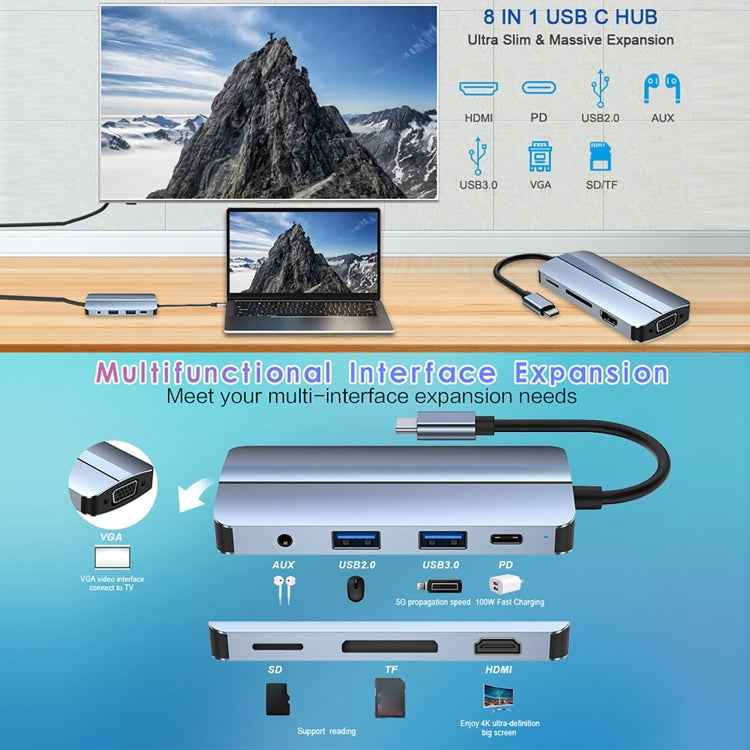 BYL-2105 8 in 1 USB-C / Type-C to USB Multifunctional Docking Station HUB Adapter