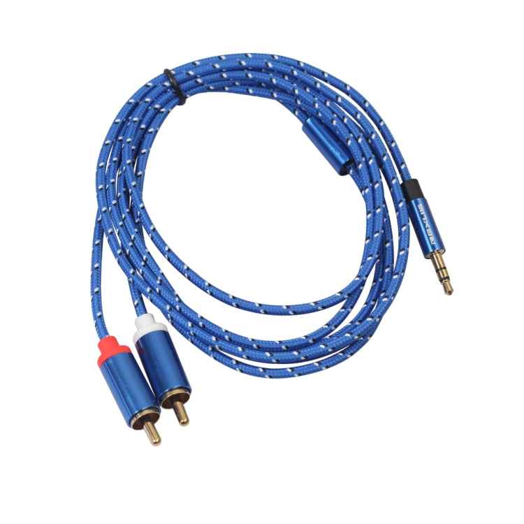 REXLIS 3610 3.5mm Male to Dual RCA Gold-plated Plug Blue Cotton Braided Audio Cable for RCA Input Interface Active Speaker, Length: 1.8m