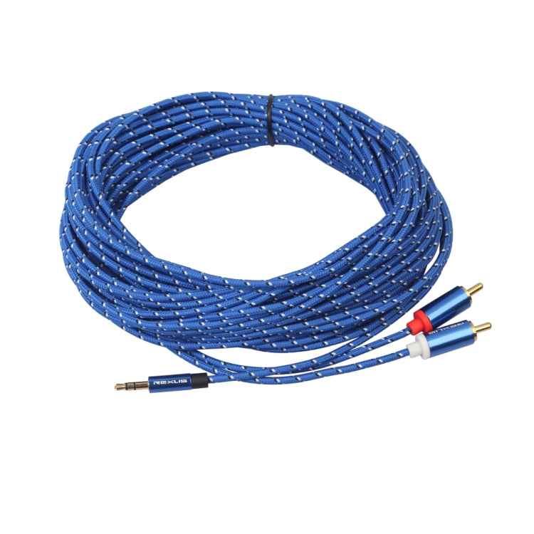 REXLIS 3610 3.5mm Male to Dual RCA Gold-plated Plug Blue Cotton Braided Audio Cable for RCA Input Interface Active Speaker, Length: 10m