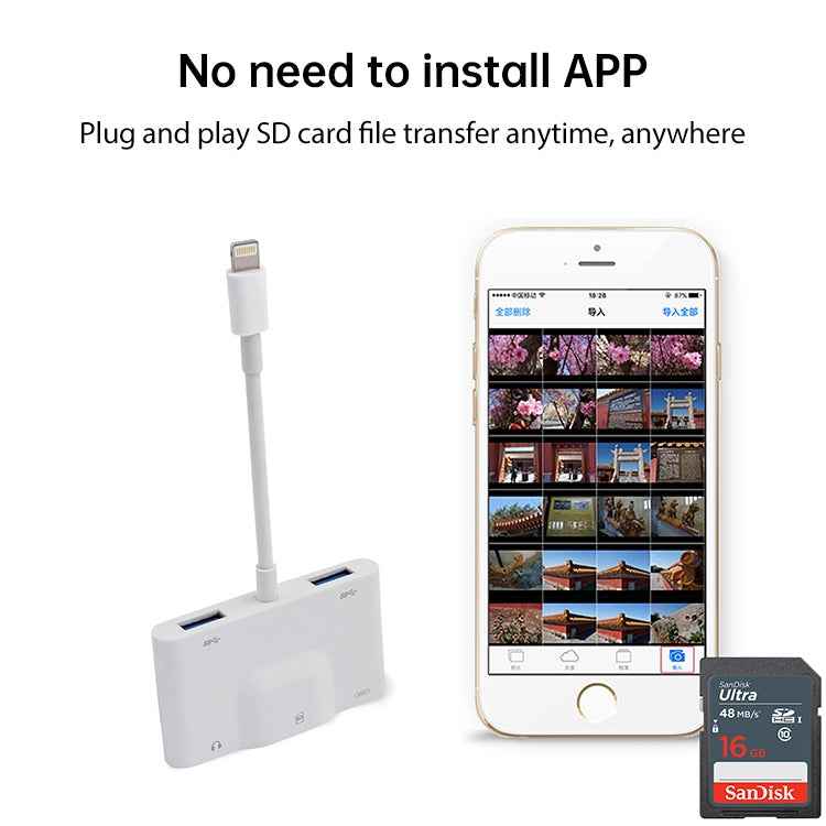 NK-1042 6 in 1 8 Pin Male to Dual USB + Dual SD Card + 3.5mm Audio Interface + 8 Pin Charging Interface Female Port Camera Adapter