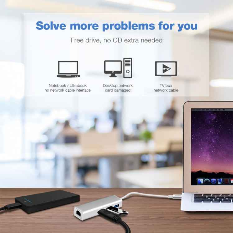 Aluminum Shell 3 USB3.0 Ports HUB + USB-C / Type-C Gigabit Ethernet Adapter