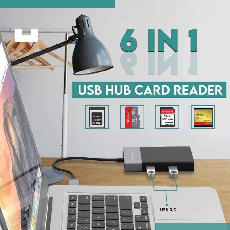 6 In 1 Multi-function Dual USB 3.0 + XQD + CF + TF + SD Card Reader