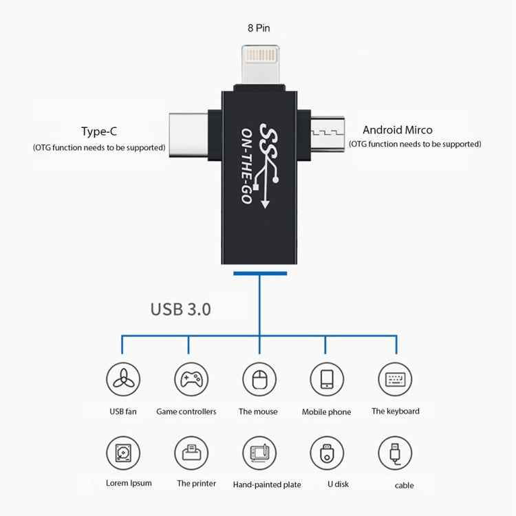3 in 1 USB 3.0 to 8 Pin + Micro USB + USB-C / Type-C Interface Multifunctional OTG Adapter