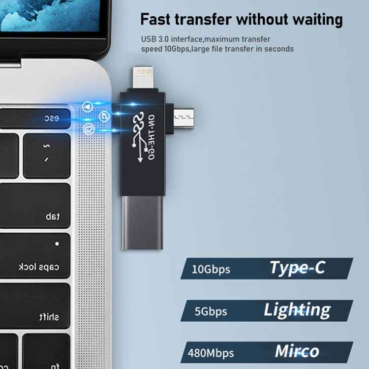 3 in 1 USB 3.0 to 8 Pin + Micro USB + USB-C / Type-C Interface Multifunctional OTG Adapter