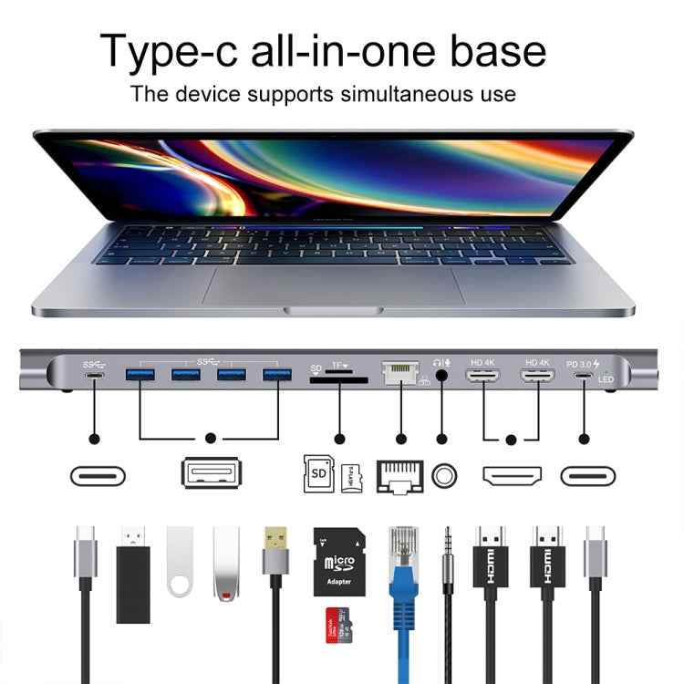 Onten 9199 12 in 1 USB-C / Type-C to USB-C / Type-C + TF / SD Card Slot + RJ45 + 3.5mm Audio + PD USB-C / Type-C Charging + 2 HDMI + 4 USB 3.0 Ports Multifunctional HUB Converter Docking Station
