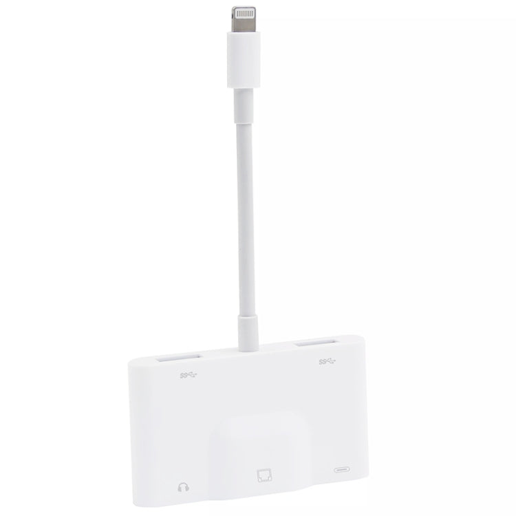 NK-1033 5 in 1 8 Pin Male to Dual USB + 3.5mm AUX + Ethernet + 8 Pin Power Female Adapter