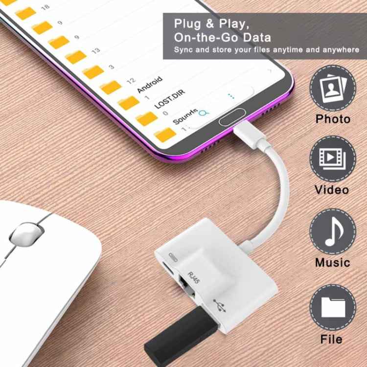 3 in 1 USB-C / Type-C Male to USB + 100M RJ45 Ethernet + Type-C Power Female Adapter