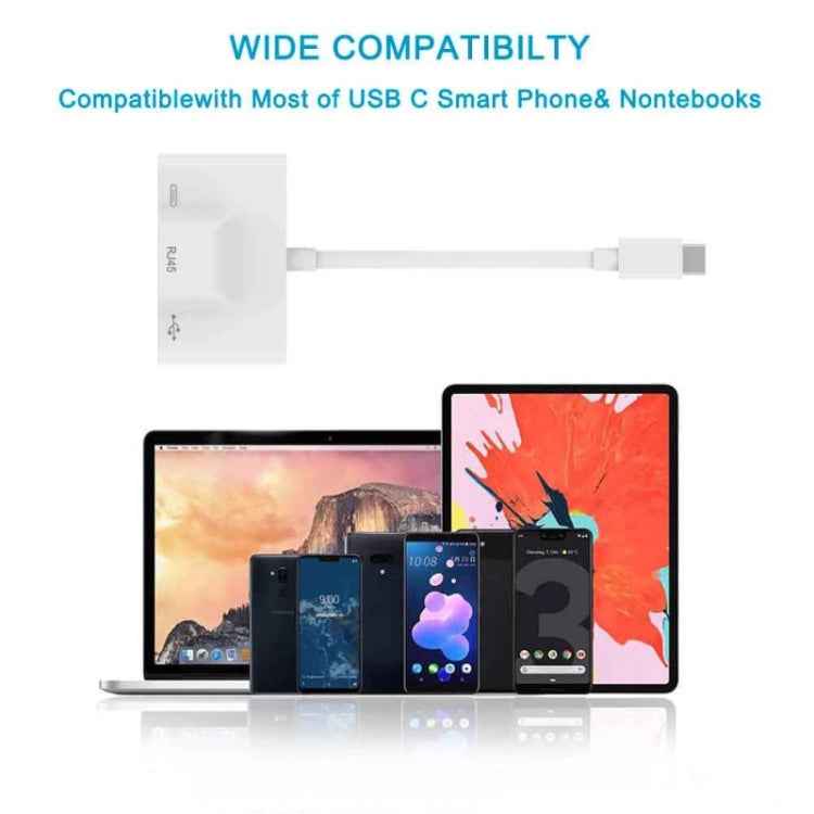 3 in 1 USB-C / Type-C Male to USB + 100M RJ45 Ethernet + Type-C Power Female Adapter