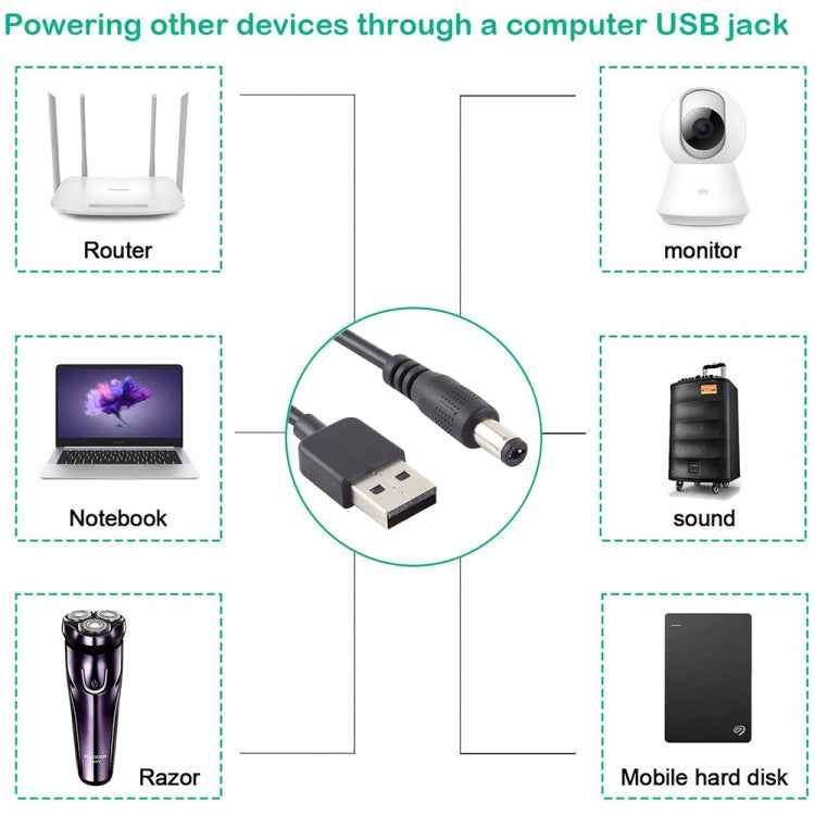 3A USB to 5.5 x 2.1mm DC Power Plug Cable, Length: 1m