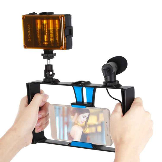 PULUZ 3 in 1 Vlogging Live Broadcast LED Selfie Light Smartphone Video Rig Kits with Microphone + Cold Shoe Tripod Head for iPhone, Galaxy, Huawei, Xiaomi, HTC, LG, Google, and Other Smartphones