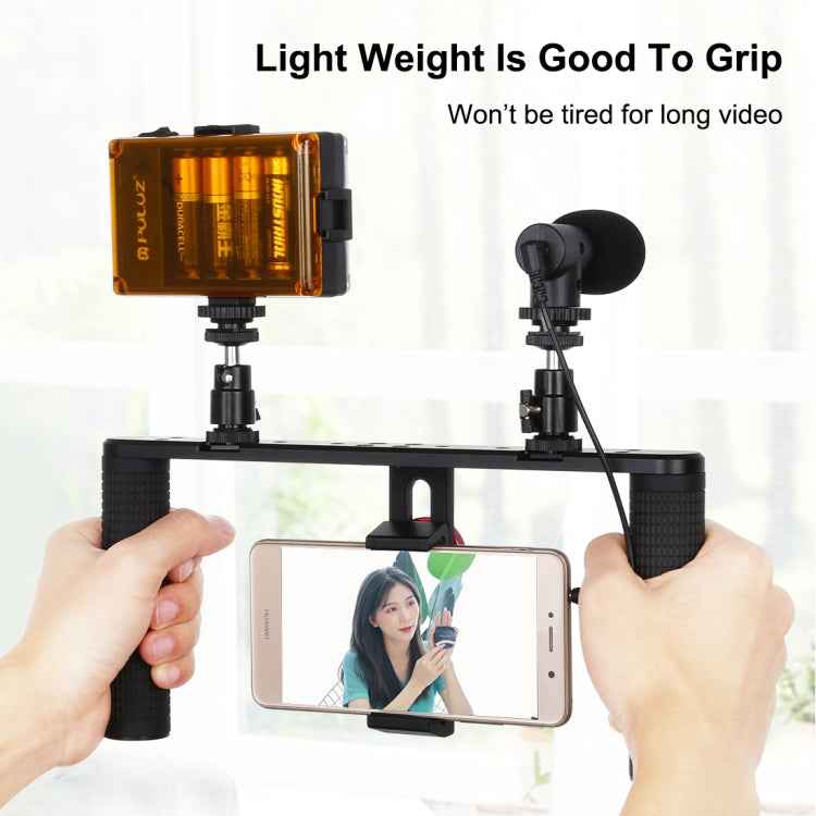 PULUZ 4 in 1 Vlogging Live Broadcast LED Selfie Light Smartphone Video Rig Handle Stabilizer Aluminum Bracket Kits with Microphone + Tripod Mount + Cold Shoe Tripod Head