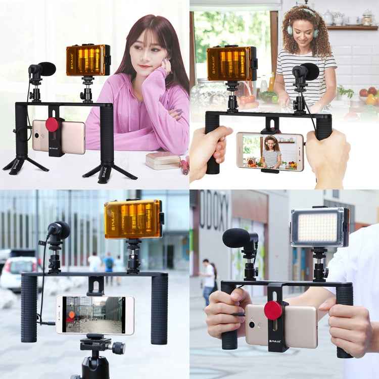 PULUZ 4 in 1 Vlogging Live Broadcast LED Selfie Light Smartphone Video Rig Handle Stabilizer Aluminum Bracket Kits with Microphone + Tripod Mount + Cold Shoe Tripod Head