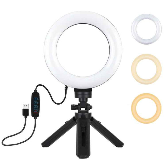 PULUZ 6.2 inch 16cm USB 3 Modes Dimmable LED Ring Vlogging Photography Video Lights + Pocket Tripod Mount Kit with Cold Shoe Tripod Ball Head