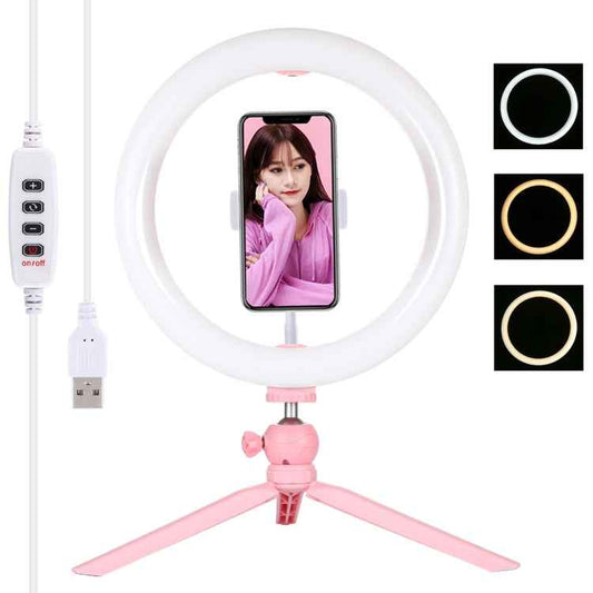 PULUZ 10.2 inch 26cm Light + Desktop Tripod Mount USB 3 Modes Dimmable Dual Color Temperature LED Curved Diffuse Light Ring Vlogging Selfie Photography Video Lights with Phone Clamp