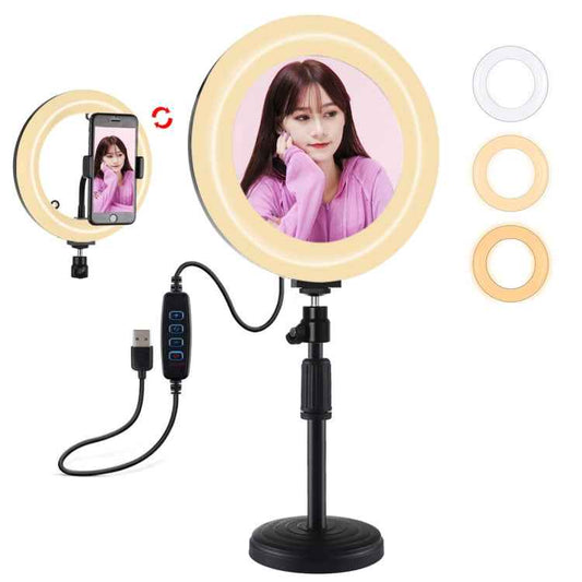 PULUZ 7.9 inch 20cm Mirror Light + Round Base Desktop Mount 3 Modes Dimmable Dual Color Temperature LED Curved Light Ring Vlogging Selfie Photography Video Lights with Phone Clamp