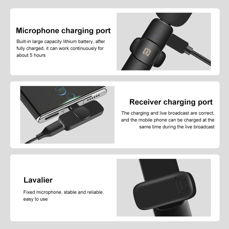 PULUZ Wireless Lavalier Noise Reduction Reverb Microphone for Type-C / USB-C Device, Support Phone Charging