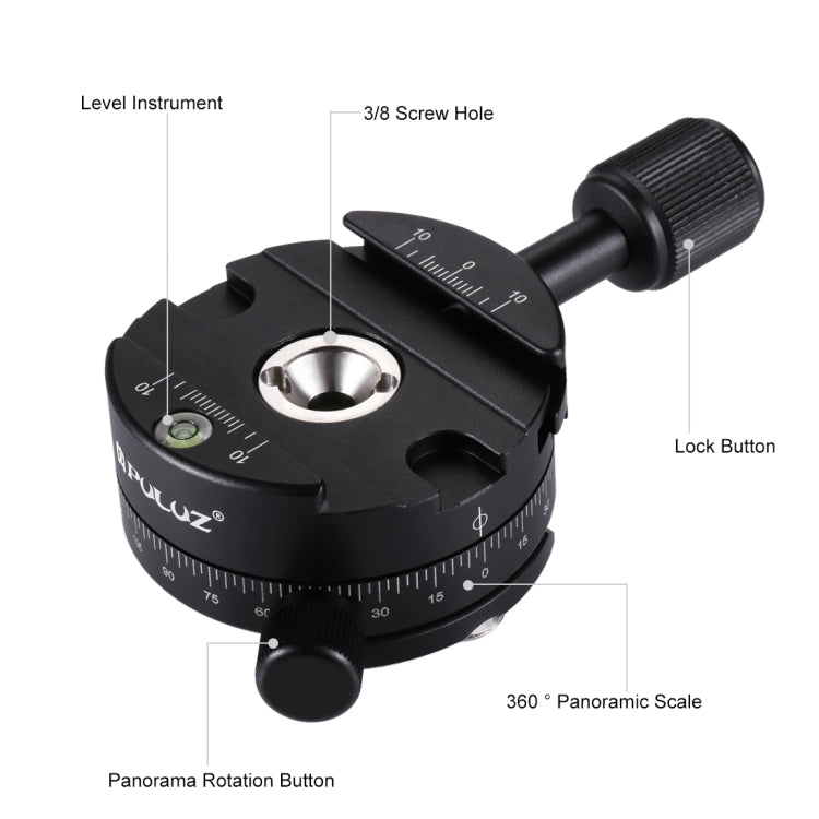 Cabezal de bola panorámico de aleación de aluminio PULUZ con rotación de 360 grados y placa de liberación rápida para trípode de cámara.