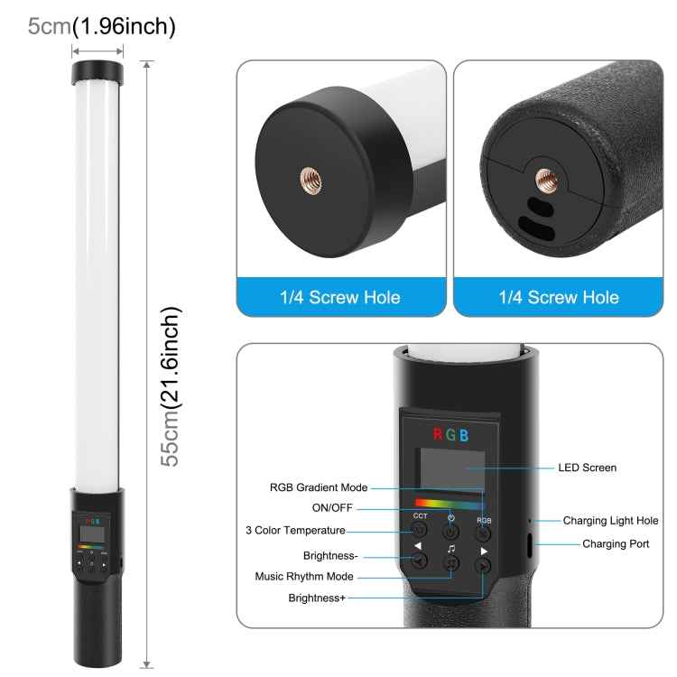 PULUZ 190 LEDs Photo Handheld Stick Light Full Color RGB Fill Light with Barndoor