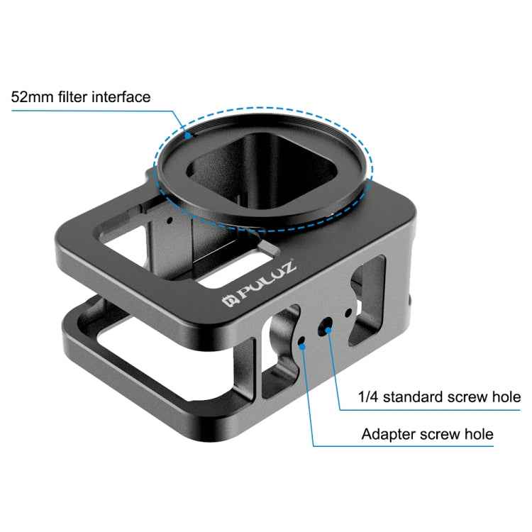 PULUZ for GoPro HERO13 Black /12 Black /11 Black /10 Black /9 Black Thicken Housing Shell CNC Aluminum Alloy Protective Cage with Insurance Frame & 52mm UV Lens