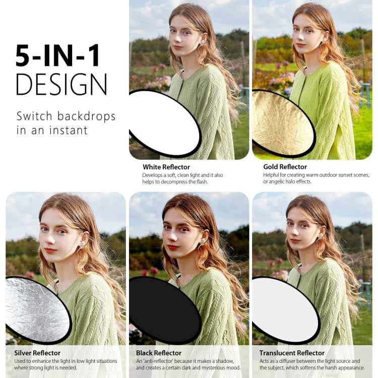 PULUZ 60cm 5 in 1 (Silver / Translucent / Gold / White / Black) Folding Photo Studio Reflector Board
