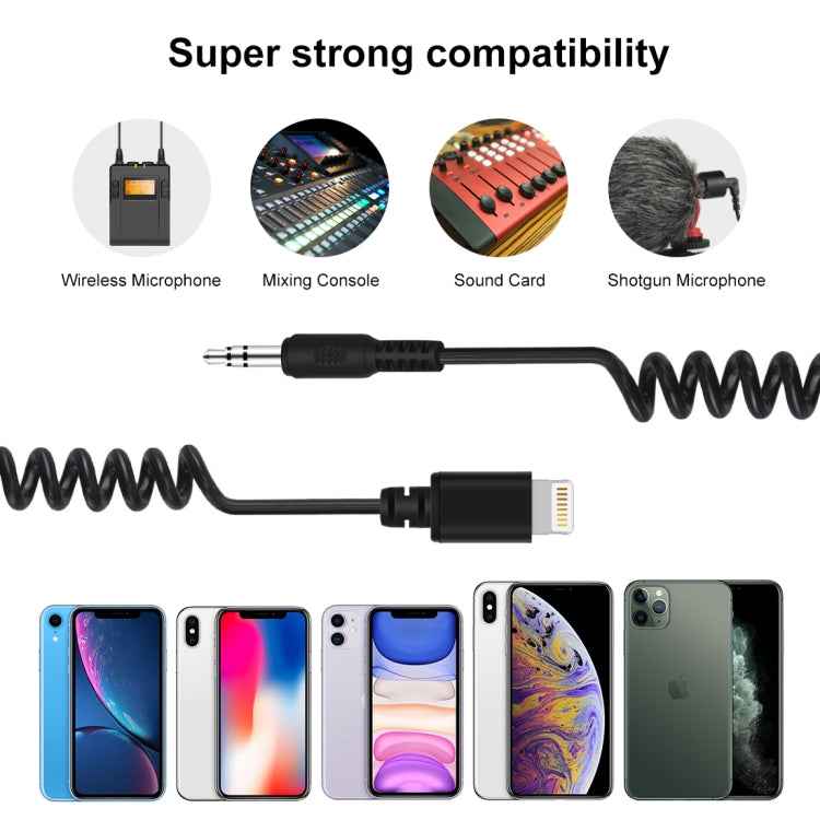 PULUZ 3.5mm TRRS Male to 8 Pin Male Live Microphone Audio Adapter Spring Coiled Cable for iPhone, Cable Stretching to 100cm