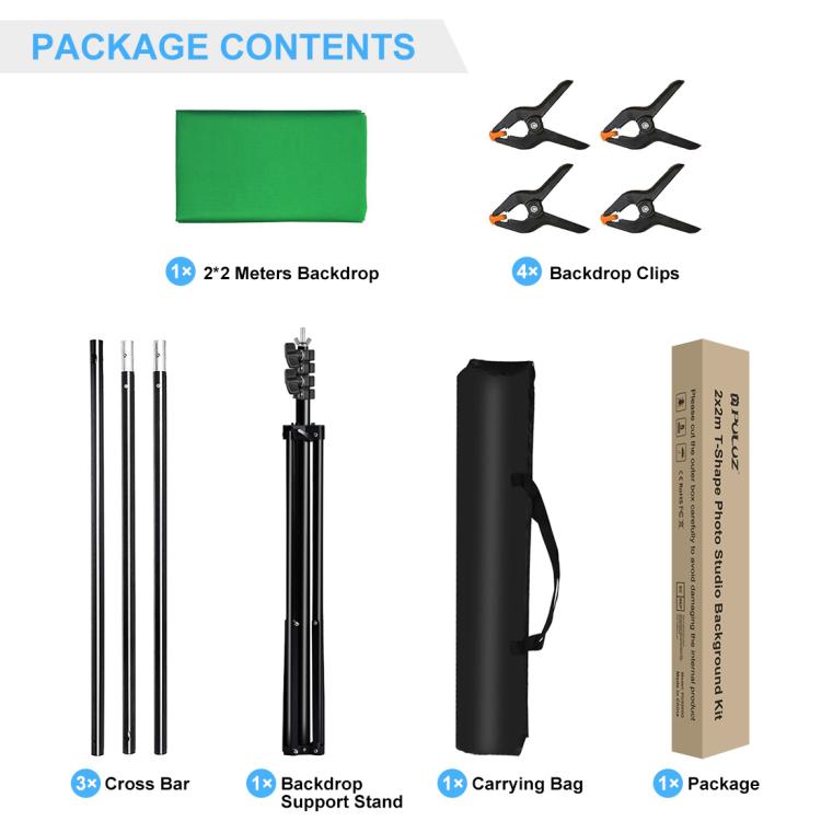 PULUZ 2x2m T-Shape Photo Studio Background Support Stand Backdrop Crossbar Bracket Kit with Clips