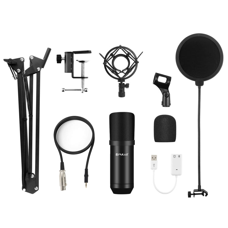 PULUZ Studio Broadcast Professional Singing Microphone Kits with Suspension Scissor Arm & Metal Shock Mount & USB Sound Card, Microphone Kits (Black), Microphone Kits (Silver)