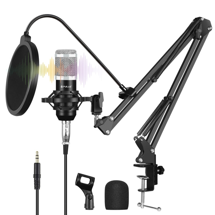 PULUZ Studio Broadcast Professional Singing Microphone Kits with Suspension Scissor Arm & Metal Shock Mount & USB Sound Card, Microphone Kits (Black), Microphone Kits (Silver)