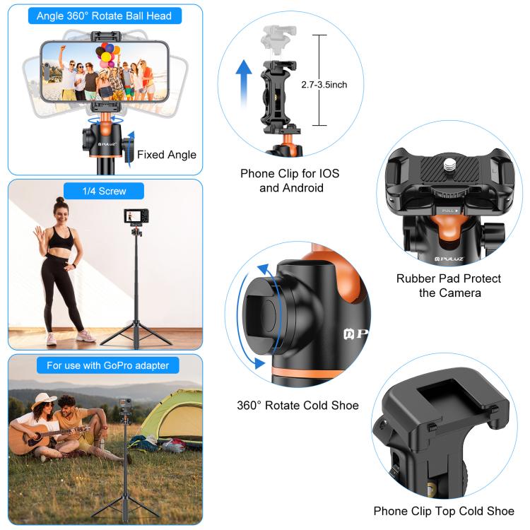 PULUZ 1.3m Phone Selfie Stick Tripod Vlog Live Streaming Holder with Phone Clip, 1.4m Phone Tripod