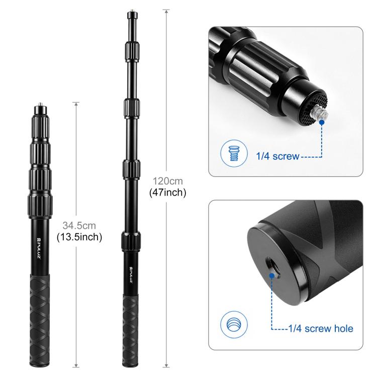 PULUZ 1.2m Aluminum Alloy Invisible Selfie Stick Anti-Shake Vlog Locking Telescopic Extension Monopod, 1.2m Invisible Selfie Stick
