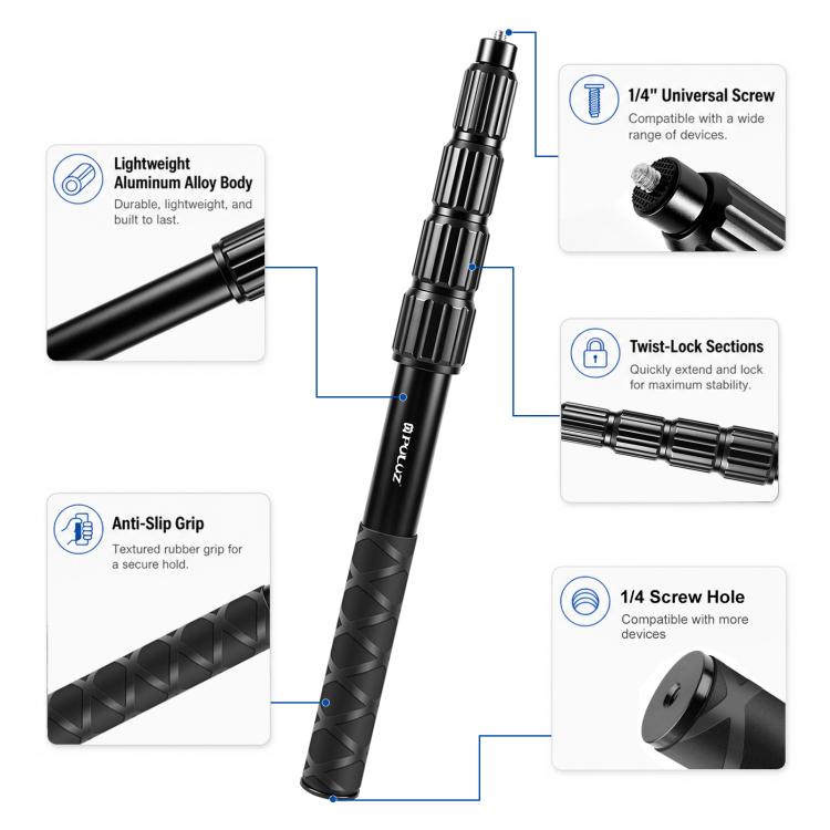 PULUZ 1.2m Aluminum Alloy Invisible Selfie Stick Anti-Shake Vlog Locking Telescopic Extension Monopod, 1.2m Invisible Selfie Stick