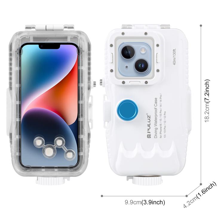 PULUZ 40m/130ft Waterproof Diving Case for iPhone 16 / 15 / 15 Pro / 14 / 14 Pro / 13 / 13 Pro / 12 / 12 Pro, with One-way Valve Photo Video Taking Underwater Housing Cover, For iPhone 16 / 15 / 15 Pro